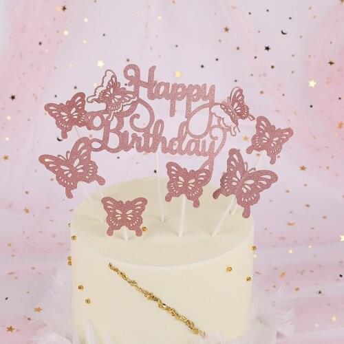 Cake Decorations Gold Sliver Rosegold Giltter Butterflies Heart Star Happy Birthday Cake Toppers Set for Baithday Dessert Decor
