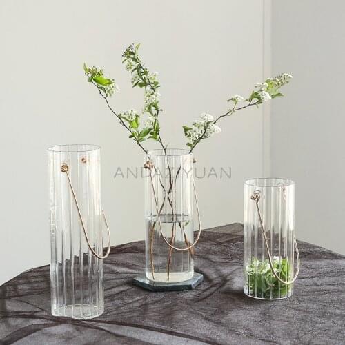 Cutelife-Striped Clear Glass Vase for Home Decor Portable Simple Metallic Floral Texture Vase Hydroponic Flower Arrangement