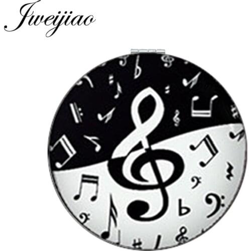 Youhaken Black and white Musical Note Round Pocket Mirror PU Leather Double Sides Mini Folding Compact Makeup Mirrors espejo