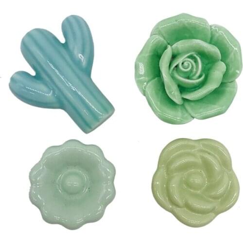 Green Rose Cactus Ceramic cabinet pulls/Kitchen Drawer Cabinet Handle Furniture Knobs Hardware Cupboard Pull KNobs Cute for Kids