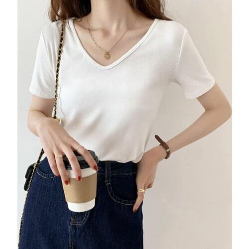 2021 Summer Womens T-shirt Short Sleeve Tops Tee Shirts Femme V-neck Ribbed Cotton Knitted Casual Basic Solid Top