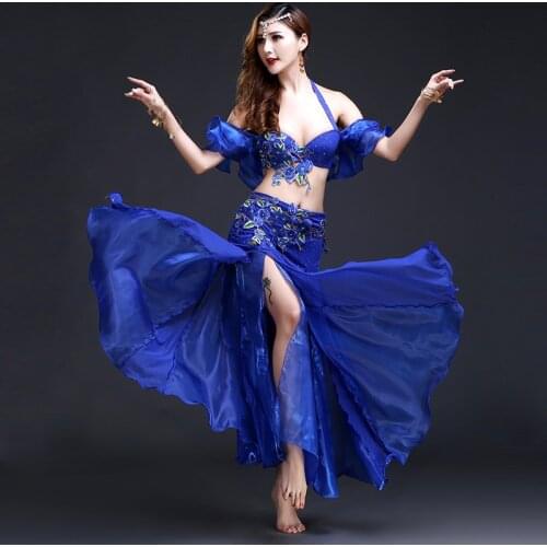 2019 New Women Oriental Belly Dance Clothes Beaded Bra B Cup Long Skirt Egypt Belly Dance Costume Set Bra Belt Skirt