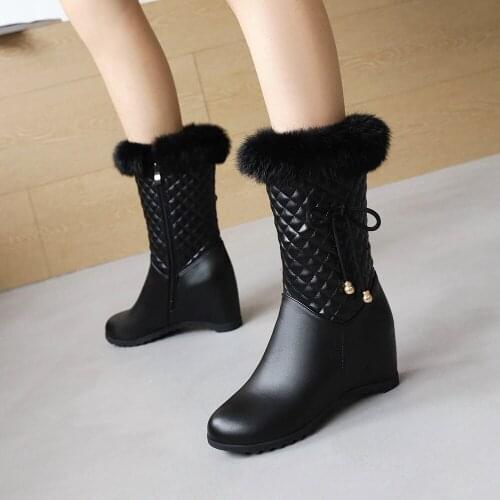 Slope-Heel Flat-Bottomed Inner Heightened Non-Slip Sweet Snow Boots Large Size Faux Fur Plush Inner Lining Women’S Mid-Boots