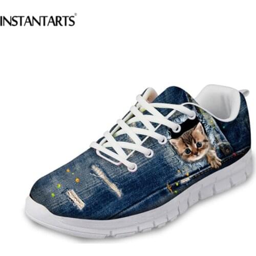 INSTANTARTS Teen Girls Flats Blue Denim Cat Print Womens Comfortable Mesh Sneakers Lightweight Vulcanized Shoes for Ladies