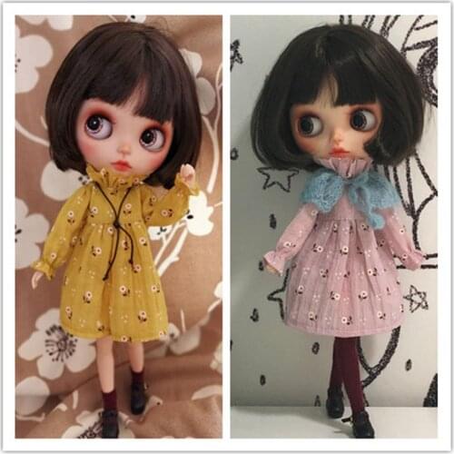 1/6 Doll Long Sleeve Dress With Flower Blyth Clothes (Fit ICY, Pullip, Lati, Azone, Ob24, JerryB, Barbiedoll)