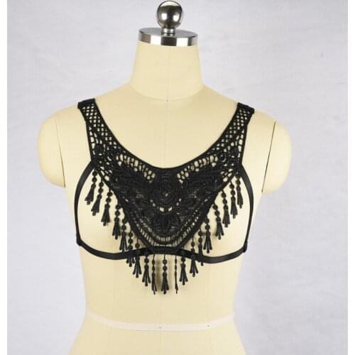 2017 ligas sexy Chinese style retro lace tassel Body elastic harness lingerie Rave wear strapsen harness bra Set crop top cage