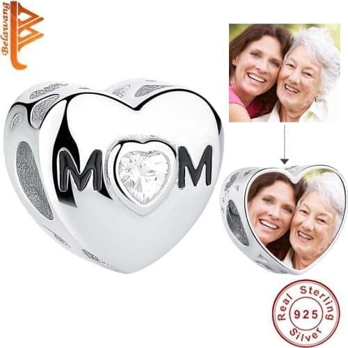 BELAWANG Wholesale Forever Love MOM Charm 925 Sterling Silver CZ Bead Fit Original Bracelet DIY Custom Photo Heart Beads Jewelry