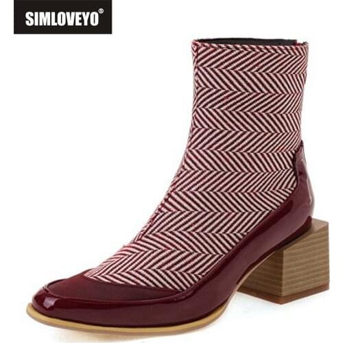 SIMLOVEYO 2021 Designer Gothic Black Ankle Boots for Women Mortorcycle Pointed Toe Square Mid Heel Zipper Blue White 48 S2447