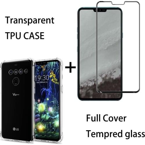 For LG V50 ThinQ 5G G8 G8s Thinq Transparent Soft TPU Back Cover Case with Full Cover Black Tempered Glass Screen Protector