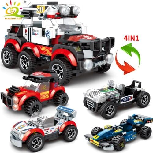 HUIQIBAO 4PCS/set 4in1 Speed Champions Racing Car Building Blocks city Automobile Sport Car Racer man truck Bricks Children toys