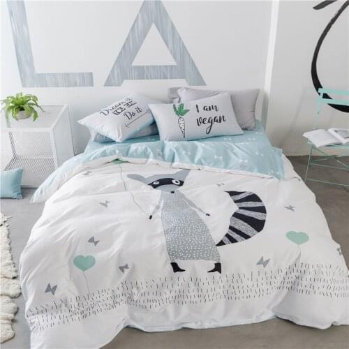 Cute White Gray Fox or Bear Printed Bedding Set Kids Duvet Cover 100% Cotton Bedlinen Comforter Cover Flatsheet Pillowcases
