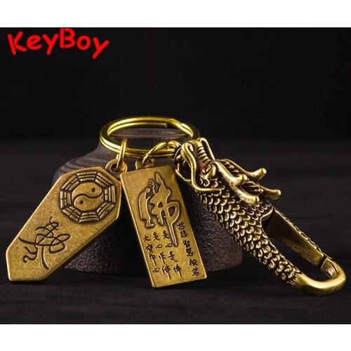 Brass Dragon Head Keychain Buddha Tag Pendants Jewelry Solid Copper Car Key Chain Hanging Buckle Lucky DIY Keyrings Accessories