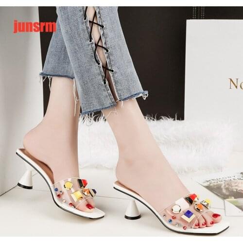 Fashion open toe wearing sandals sexy thick with a word drag womens shoes transparent temperament high heel sandals