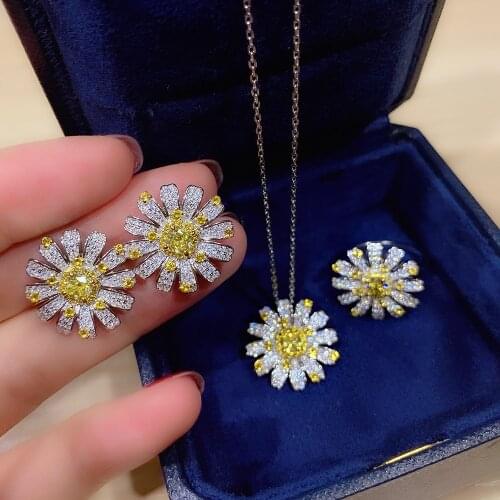 New Style Daisy Flower Jewelry 925 Silver Zircon Ladies Earring Ring Necklace Set for Women Cute Bridal Wedding Jewelry Sets