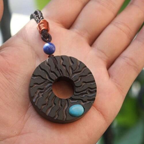 Ethnic Zen Alloy Pendant Necklace For Women Vintage Round Ebony Wooden Necklace Fashion Jewelry
