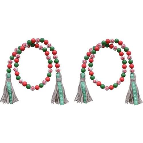 Christmas Wood Bead Tassel Garland,36 Inch Green & Red Tassel Garland Farmhouse Rustic Beads Tassel Wood Bead (2Pcs)