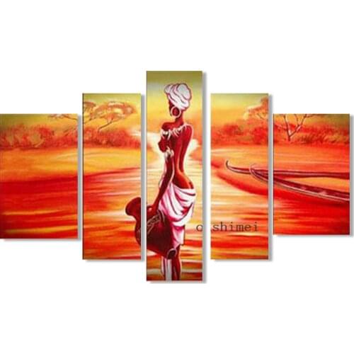 Hand Painted India Gril Oil Painting On Canvas 5pcs/set Modern Sunrise Painting Art for Living Room Decor Seascape Pictuers