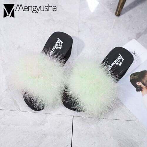 Real ostrich feather wedges sandals student casual outdoor flip flops woman cozy stretch fabric slip on shoes female slipppers