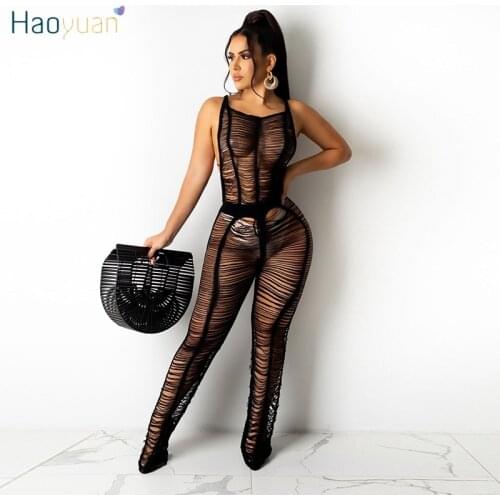 HAOYUAN Sexy Knitted Hole Bodycon Jumpsuit Summer Beachwear Outfits for Women Sleeveless Hollow See Through One Piece Swimsuit