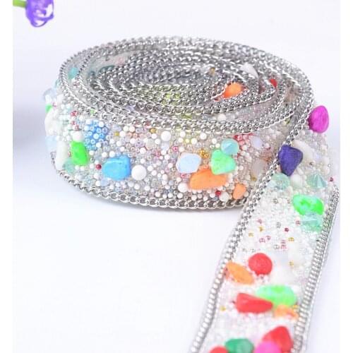2cm width 1yards/lot mix colour stone rhinestone trim banding hotfix strass crystal chain bridal beaded applique for dress