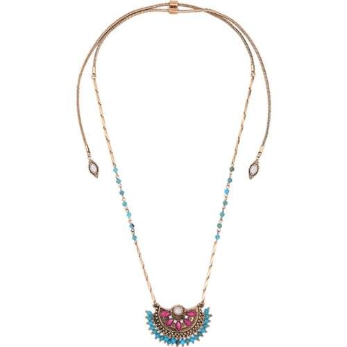 Blue Pink Resin Crystal Ethnic Pendant Necklace Fashion Long Bohemia India Necklace Jewelry Accessories