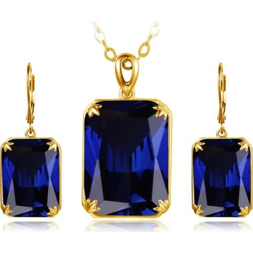 Szjinao 14K Gold Jewelry Set For Women Sparkling Blue Sapphire Pendant Earrings Sets Luxury Real Silver 925 Jewelry Party Gifts