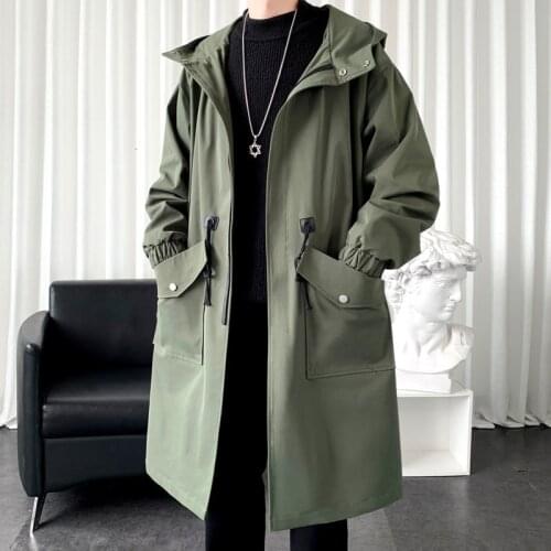 Autumn Mens Trench Solid Color Oversized Long Jacket 2021 Fashion Big Pocket Hooded Trench Coats Male Clothing Streetwear