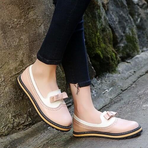 Women Flats Loafers Leather Bow Slip On Female Casual Flat Shoes Women Brock shoes Large Size 35-43 zapatos de mujer W24-14