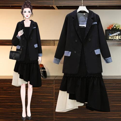 2021 Large Size Womens Clothing Spring Trendy Fashion Denim Patchwork Two Piece Blazer Mid-Length Sleeveless Dress Suit zh442