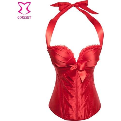 Burlesque China Red Satin Halter Neck Push Up Corpetes E Corselet Overbust Corset With Cups Sexy Plus Size Korset For Women 6XL