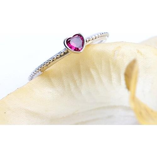 925 Sterling Silver Heart Ring with Magenta CZ Ring Romantic Style for Women Fashion Jewelry