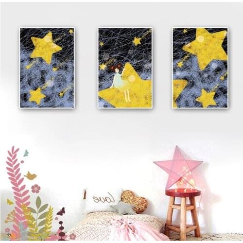 Cartoon Canvas Painting Girl On The Star Child Living Room Bedroom Playroom Wall Cute Decoration Printing Hd Modern Art Poster