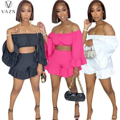 VAZN 2021 Autumn Latest Style Solid Sexy Club Sweet Young Strapless Full Sleeve Top Short Pants Slim Women 2 Piece Set