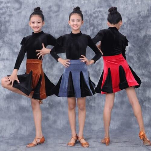 2021 Girls Latin Dance Costumes Tango Practice Performance Clothes Long-sleeved Velvet Tops Skirts Children Latin Dance Skirt