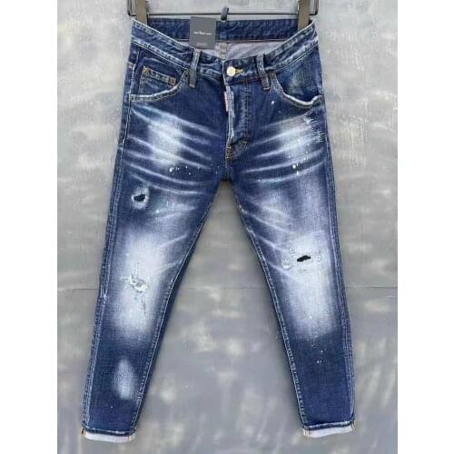 2021 Spring Summer DSQUARED2 Mens/Womens Washed Blue Simple Slim-Fit Stretch Hole Patch Jeans 9150