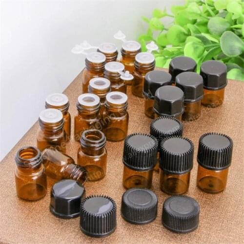 500pcs/LOT Small Amber Essential Oil Bottle With Plastic Lid,1ml Empty Glass Bottle, Mini Brown Glass Vials Container