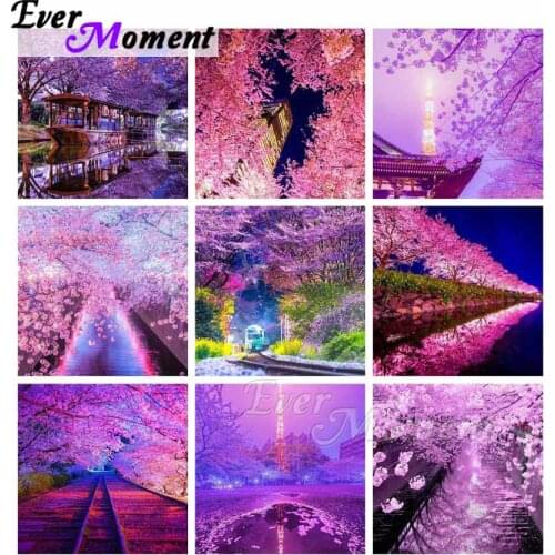 Ever Moment Diamond Painting Full Square Resin Drills Tree Pink Cherry Blossoms Train Mosaic 5D Diamond Embroidery Kit ASF2098