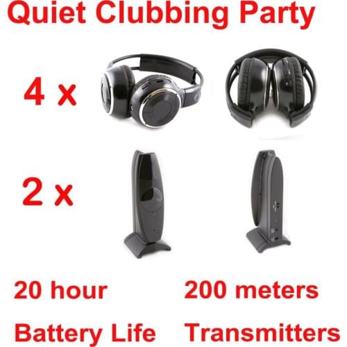 Silent Disco complete system black folding wireless headphones - Quiet Clubbing Party Bundle (4 Headphones + 2 Transmitters)