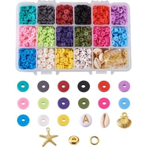 1Set Environmental Handmade Polymer Clay Beads Flat Round Heishi Beads Disc Chip Beads with Shell Bead Pendants for DIY Earrings