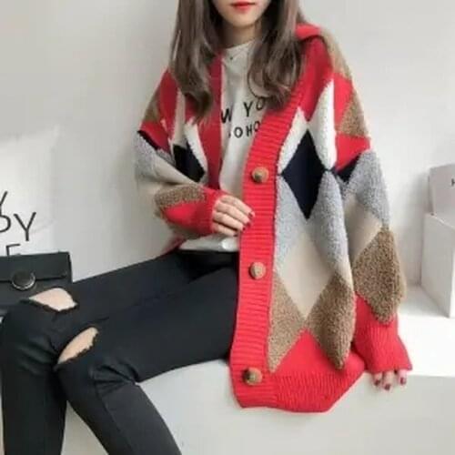 Spring Autumn Raglan Sleeve Button Preppy Young Style Striped Single Breasted Diamond Plaid Cardigan Women Blouses Sweaters