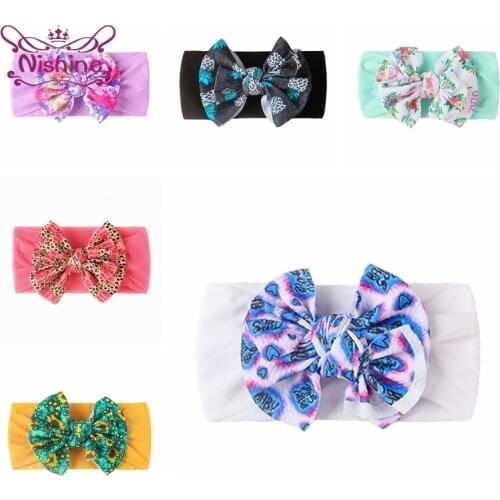 Double Layer Cartoon Print Bowknot Baby Headband Cute Flowers Pattern Bows Elastic Nylon Hairband Princess Headwear Photo Props