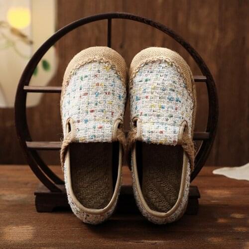 Retro Handmade Ladies Cotton Linen Patchwork Slip-On Flat Shoes Vegan Women Comfort Casual Walking Espadrilles Loafers
