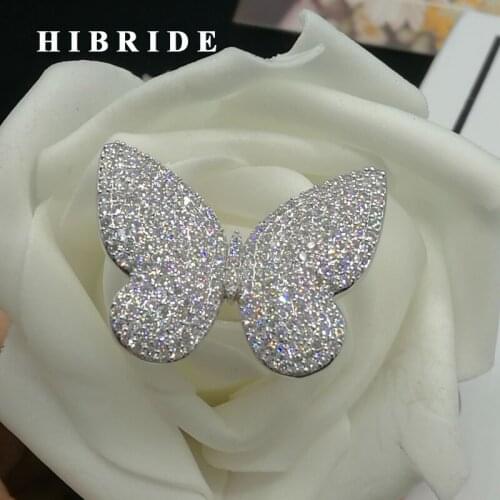 HIBRIDE Clear Big Butterfly Adjustable Size Wedding Rrings White Gold Color Micro Rhinestone Pave Anillos Mujer R-150