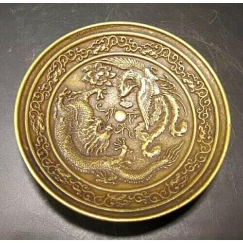 Exquisite Chinese Old Brass Hand-Carved dragon & phoenix dish plate