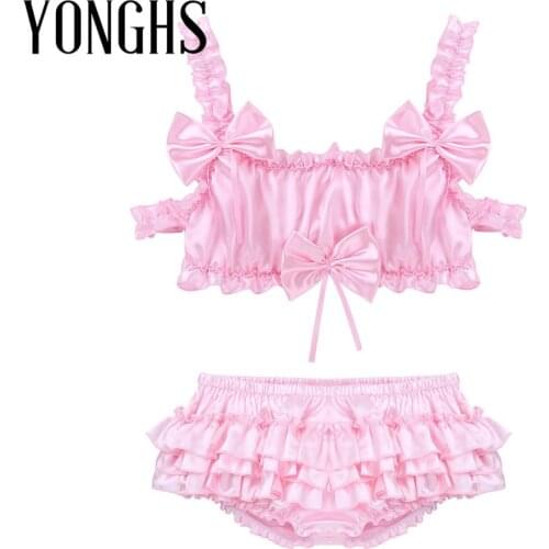 Mens Sissy Crossdresser Satin Lingerie Set Ruffled Frilly Elastic Bowknot Wire-free Bra Crop Top Bloomer Tiered Skirted Panties