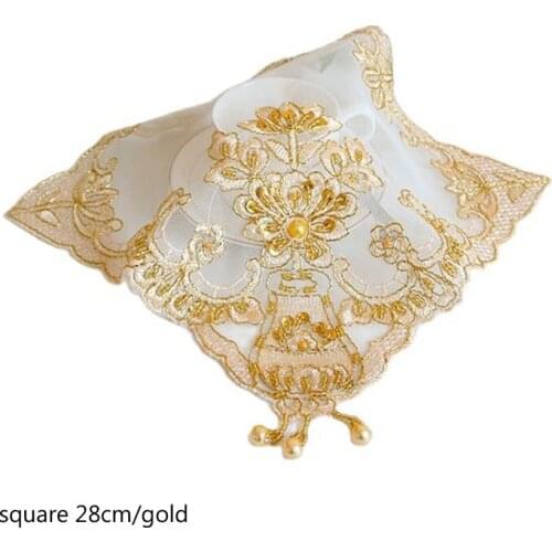 Gold beads embroidery lace table place mat cloth pad cup coaster placemat tea doily kitchen Christmas wedding decor tableware