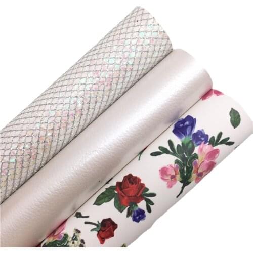 LEOsyntheticoDIY Iridescent Mesh Glitter Pearlized White Synthetic Leather Rose Printed Faux Vinyl Leather Sheets 21X29CM 6S62A