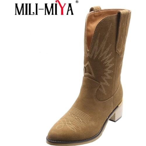 MILI-MIYA Retro Western Cowboy Mid Calf Boots Pointed Toe Women Brand Embossing Cow Suede Leather Chunky Heels Casual Shoes Brow