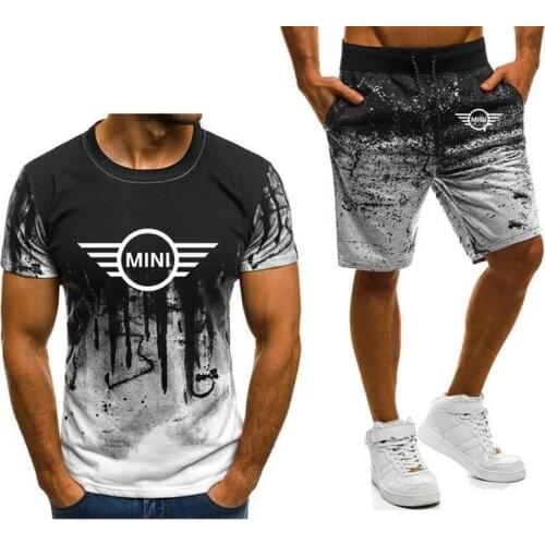 New 2021 Summer Mens short sleeve for MINI Logo printing Gradient High Quality Cotton Mens T-Shirt Pants Suit 2Pcs F