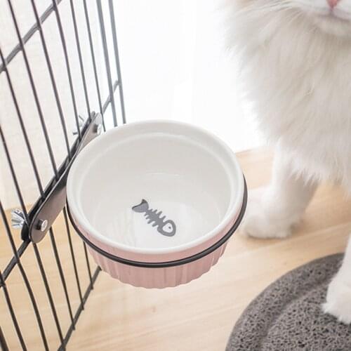Fish Paw Pattern Dog Ceramic Bowls with Stand Solid Coloured Glaze Bracket Fix In Wall Cage Small Dog Cat Treats Feeder Pet Bowl